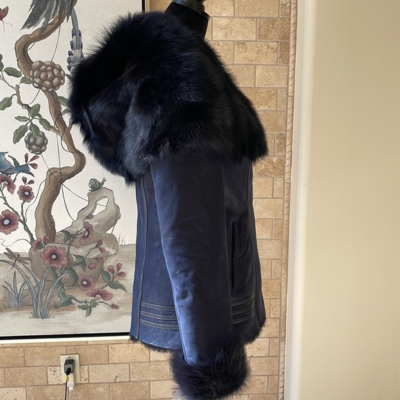 DENIMAXX COUTURE Women’s Size Medium Lambskin and Fur Fitted Navy Blue Jacket - Picture 6 of 9